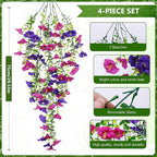 Fake Hanging Plants, Faux Hanging Plant Artificial Greenery for Living Room Bedroom Boho Wall Shelf Indoor Outdoor Decor (4-Pack, Purple Pink Morning Glory)