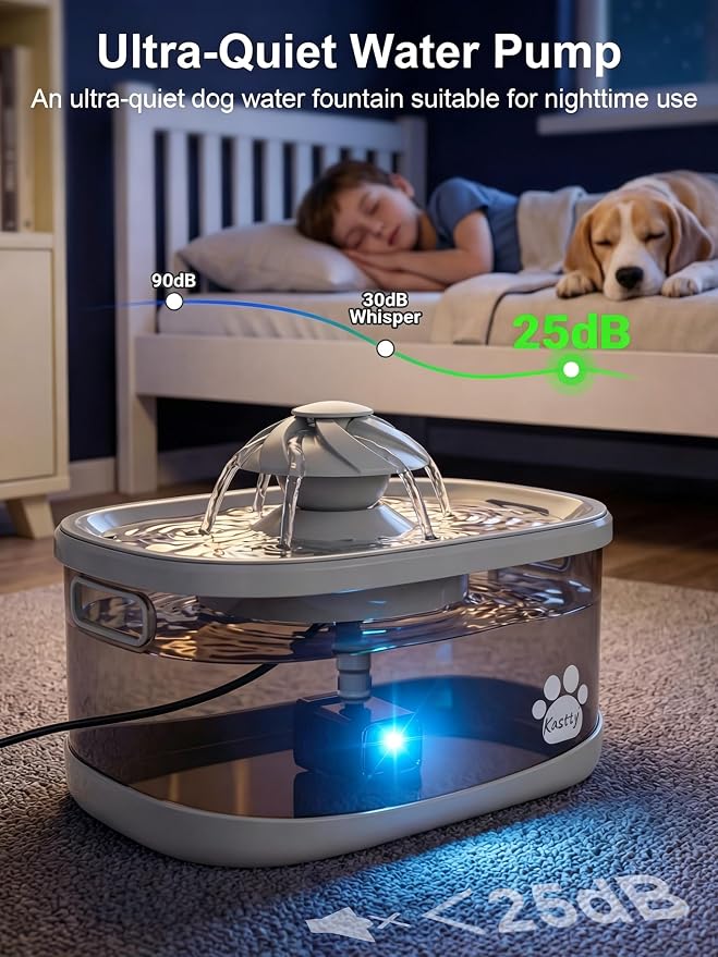 Kastty 9.5L Dog Water Fountain for Large Dogs,2.5Gal Large Capacity Pet Water Fountain with 3 Flow Modes, Automatic Quite Dog Water Bowl Dispenser with Water Window & LED,Easy to Clean(FS82,Grey)