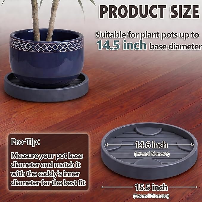 15.5Inch Plant Caddy with Hidden Wheels, Rolling Plants Stand with Wheel, 7 Invisible Casters, Indoor Plant Saucers on Wheels, Heavy Duty Wheeled Plant Dolly, Planter Roller Base, Gray, 2Pack