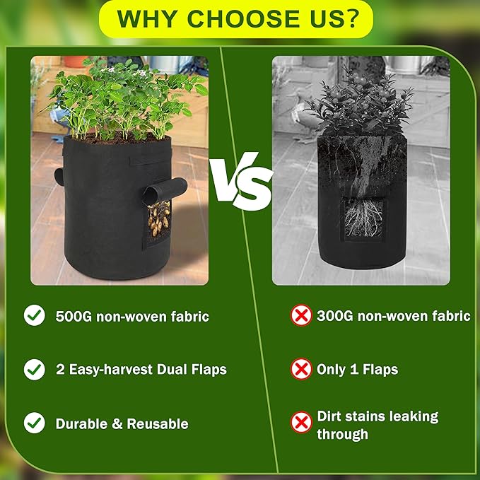 Potato Grow Bags, 2-Pack 15-Gallon Grow Bags with 2 Flaps and Reinforced Handles, Heavy-Duty Thickened 500G Aeration Fabric Pots for Potatoes, Tomatoes, Flowers, and Vegetables