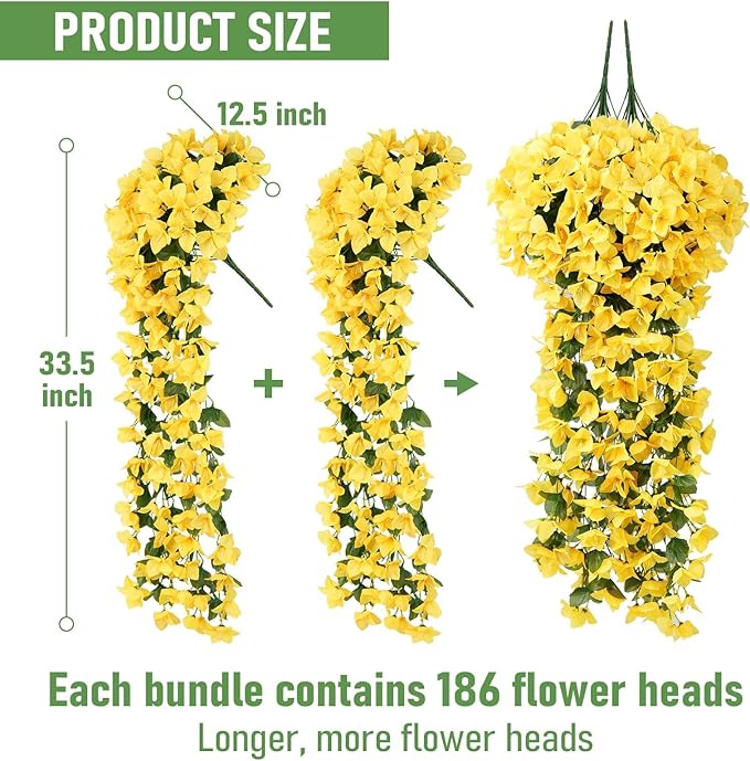 ATTGREAT Artificial Bougainvillea for Outdoors Faux Plants UV Resistant Flowers Fake Plastic Plants Realistic Silk Flowers for Porch Planter Garden Outside Hanging Decoration, 2Pcs (Yellow)