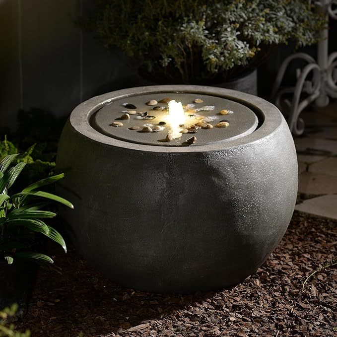 Tankana Garden Water Fountain Outdoor - Indoor Large Round Bubbler Water Feature with Lights & Pump and Concrete Effect for Patio Pool Pond Yard Home Decor Gray, 25 "L X 25" W X 17.5" H