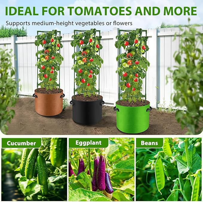 Suntee 3 Pack Tomato Cage with 20 Gallon Grow Bags, 48 Inch Tomato Cages for Garden Patio Balcony, Adjustable Height Tomatoes Plant Support for Climbing Vegetables Plants Flowers
