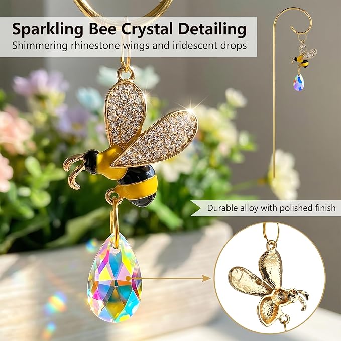 HDCRYSTALGIFTS 4pcs Bumble Bee Crystal Suncatchers with Small Trellis for Potted Plants Indoor Plant Trellis Accessories Sun Catchers, Houseplant,Bouquet Garden Home Decor