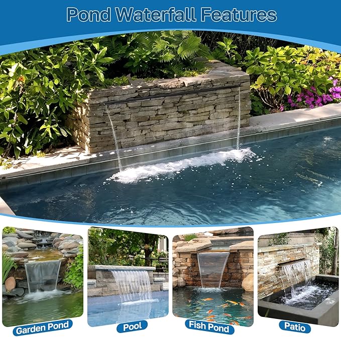 POPOSOAP 24 Inch Pond Waterfall Spillway with 1200GPH Pump, 304 Stainless Steel Pond Waterfall Kit with 9.8FT Corrugated Tube, Pond Waterfall Box for Outdoor Pond Waterfall System Garden Decor-P46