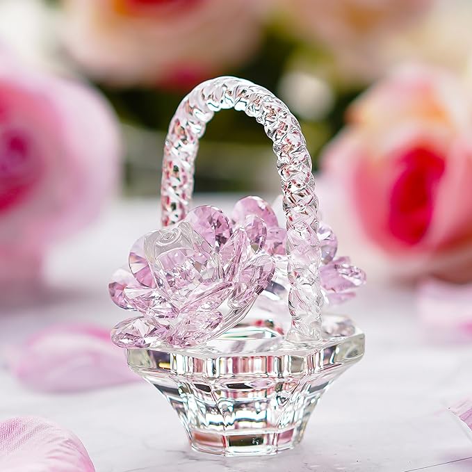 H&D HYALINE & DORA Glass Rose Flower Gift for Women Handcraft Pink Crystal Rose Flower Basket Figurine for Valentine's Day Mother's Day Christmas