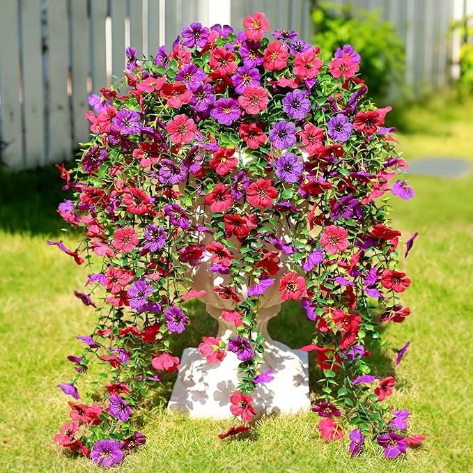 Artificial Flowers for Outdoors Spring Decor, 6 Bundles UV Resistant Realistic Faux Silk Hanging Flowers, Fake Plants for Planter Indoor Outside Garden Porch Patio Balcony Yard(Fuchsia Purple)