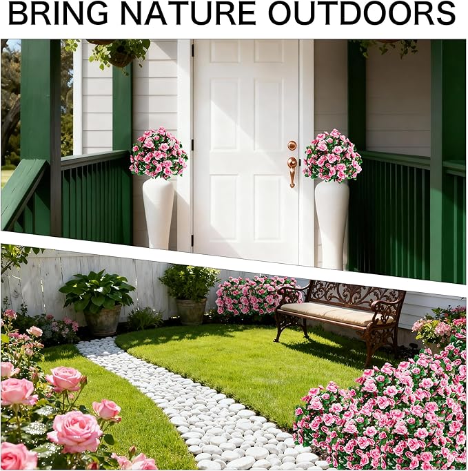 Artificial Flowers for Outdoors, Faux Outdoor Plants Fake Plants Topiary Balls Artificial Outdoor Set of 2 with Ground Spike for Home Front Porch Patio Garden Decor (Pink)