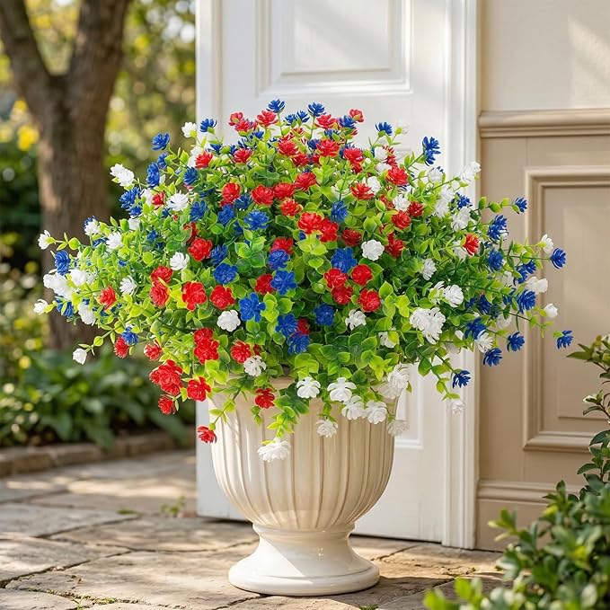 Hananona 48 Pcs Artificial Flowers Outdoor, Faux Artificial Plants UV Resistant Plastic PatrioticFlower for Hanging Planter Porch Window 4th of July Decor (48, Red, White, Blue)