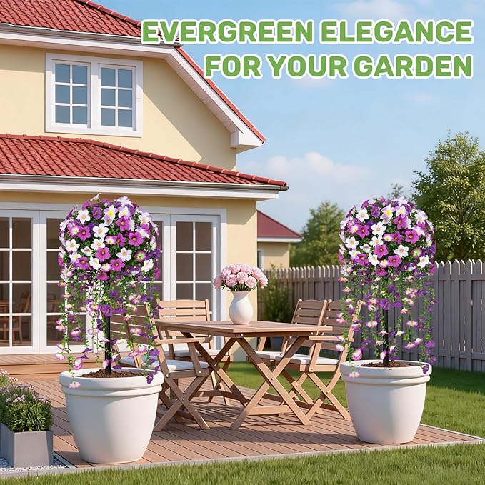 Grooy Artificial Plants Flowers Topiary Ball for Outdoor, 2 Pack Fake Purple Silk Morning Glory Plant Bushes, UV Resistant Realistic Plants Shurbs for Outside,Front Porch,Patio,Yard
