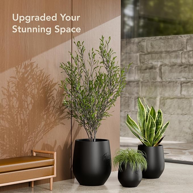 21" H x 19" D Premium Corso Fiberstone Round Tapered Planter with Drainage Hole, Weather Resistant for Indoor and Outdoor Use, Included 2 Extra Coco Mats (Black, 15" Pot Opening)