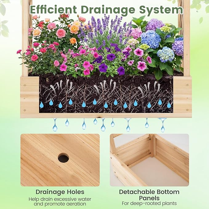 BECOMFORT Raised Garden Bed with Trellis & Hanging Roof, 89" Tall Fir Wood Planter Box with Drainage Holes, Outdoor Elevated Garden Planter for Climbing Vines, Perfect for Patio, Lawn & Backyard