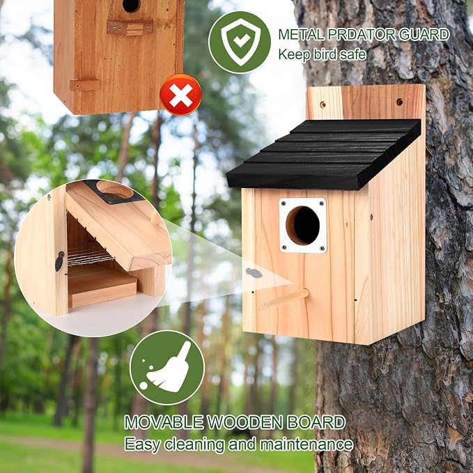 4-Pack Black Wooden Bird Houses for Outdoors with Predator Guard, Bluebird Houses for Outside – Ideal for Bluebirds & Other Backyard Birds, Black
