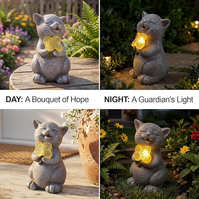 PETAFLOP Solar Cat Garden Statue Decor with Sunflower, Birthday Housewarming Gifts for Mom Grandma Women Cats Lover, Outdoor Figurines Patio Balcony Yard Lawn Decorations
