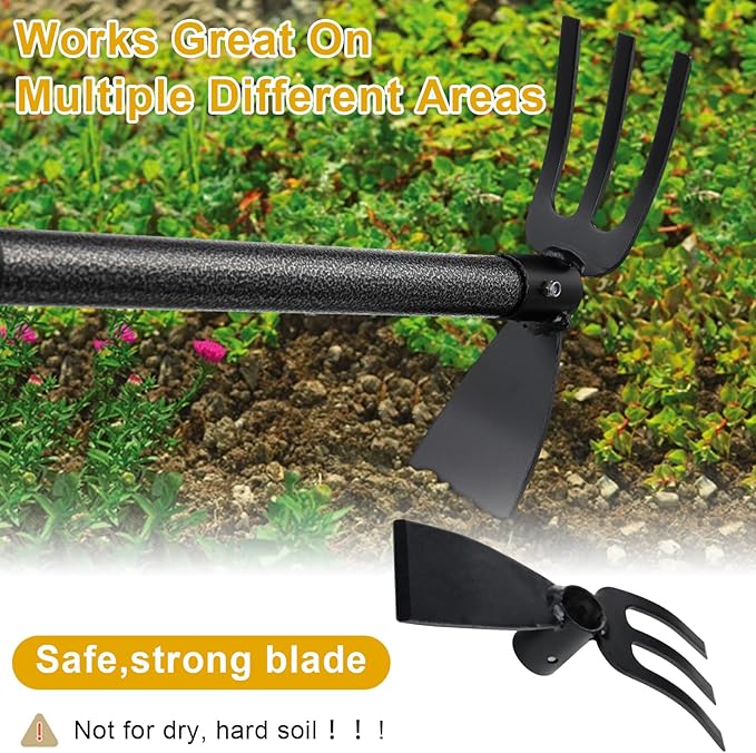 Hoe and Cultivator - 60” Long Handle - Heavy Duty Garden Hoe Tiller, Standing Hoe Garden Tools Durable Cultivator Hoes Hand Rake Fork for Gardening Weeding Planting Loosening Soil