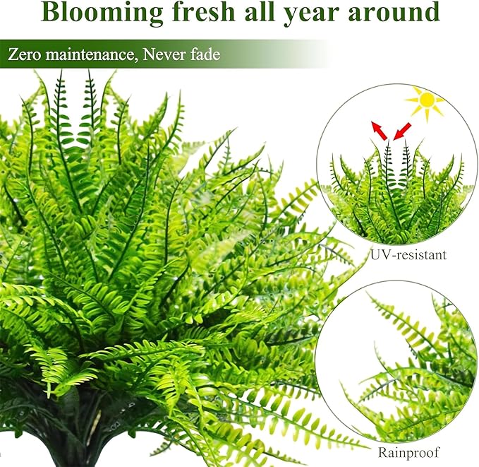 UV Resistant Lifelike Artificial Boston Fern - 2024 New Faux Boston Ferns Outdoor Planter Large, Realistic Fake Feen Hanging Silk Fern Stems Indoor Basket Plant Urn Fillers Front Porch (6, White)