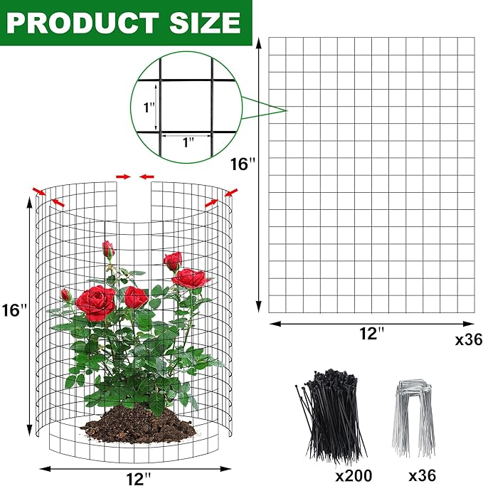 winemana 12 Set Garden Plant Protector Cage,36 Pcs 16x12 in Metal Wire Protectors for Plants Protection Cages with Stakes Ties Animals Barrier to Keep Rabbit Chicken Away from Flower Vegetables(Black)