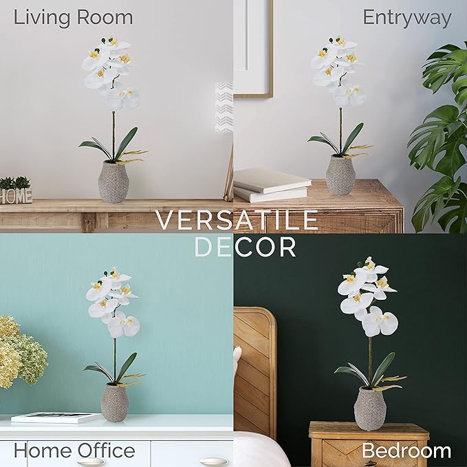 Mikasa Artificial Orchid in Pot, Real Touch Phalaenopsis Orchid, Embossed Weave Cement Pot, 16-Inch Single Branch, White/Yellow