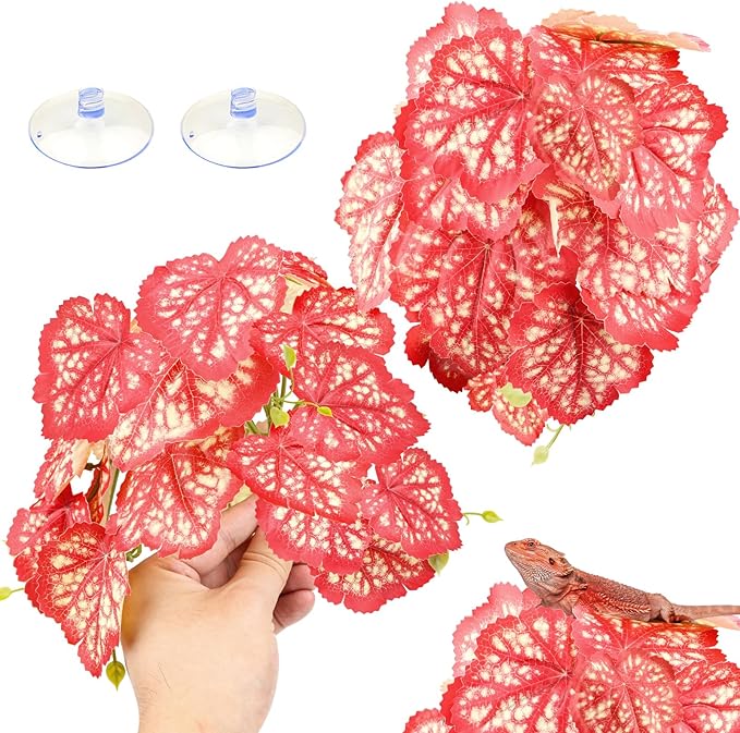QUOZUO 2 Pack Reptile Plants for Terrarium, Artificial Leaves Habitat Decorations with Suction Cups, Terrarium Hanging Plants Vines for Bearded Dragons Lizards Snake Geckos Frogs - Red