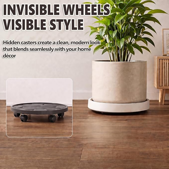 9.8Inch Plant Caddy with Hidden Wheels, Rolling Plants Stand with Wheel, 4 Invisible Casters, Indoor Plant Saucers on Wheels, Heavy Duty Wheeled Plant Dolly, Planter Roller Base, Beige, 2Pack