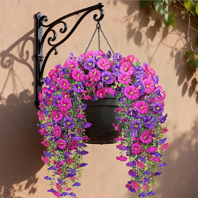 Artificial Hanging Flowers for Outdoors, 4 PCS 600 Blooms UV Resistant Morning Glory Faux Silk Vines, No-Odor Realistic Fake Plants for Garden Planter Porch Patio Decoration, Fuchsia & LightPurple