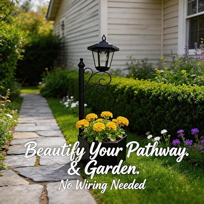 Solar Floor Lamps with Planter (2-in-1 Design), 29.5" Outdoor Solar Lamp Post - IP44 Waterproof, Warm Yellow Lights Dusk to Dawn 6-8Hr, Easy Install for Lawn, Patio, Porch, Yard & Pathway Decor