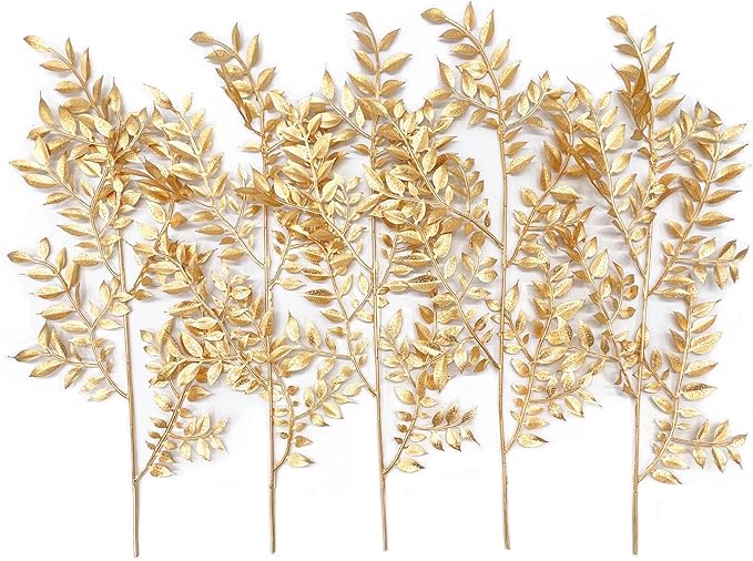 Fake Plants Leaves Christmas Decoration, PASYOU Gold Artificial Shrubs Grass Foliage Plastic Bulk Leaf Indoor Outdoor Home Garden Party Hotel Verandah Wedding Event Faux Decor Ornaments, Golden 5 Pack
