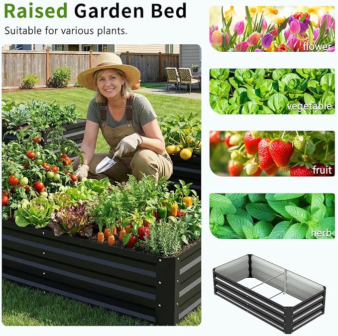 DoCred 3 in 1 Galvanized Raised Garden Bed, 2Pcs Garden Planter Box with 87" H Trellis for Climbing Plants, Outdoor Gardening Raised Beds with Climbing Net for Fruits, Vegetables, Flower (Black)
