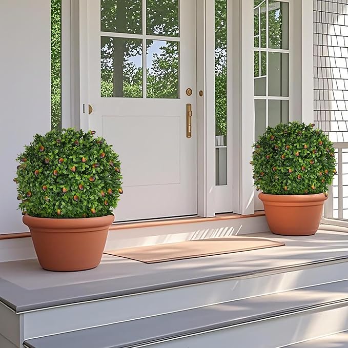 Grooy 2 Pack Artificial Olive Topiary Tree, Artificial Shrub Bushes with Ground Spike, Fake Evergreen Tree for Porch, Artificial Plants for Outdoor Planters Indoor UV Resistant