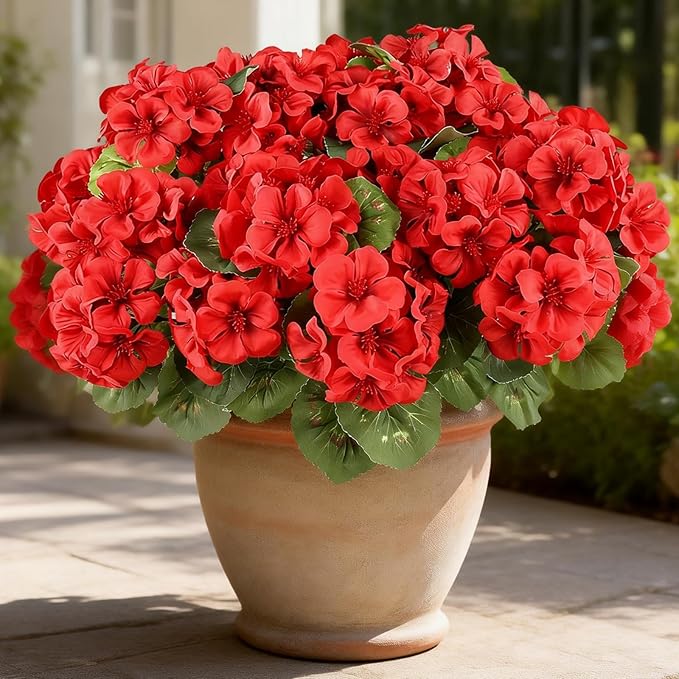 6 Bundles Red Artificial Geranium Flowers for Outdoors Spring Decor Geraniums Silk Flowers UV Resistant Lifelike Faux Flowers for Spring Indoor Outdoor Garden Patio Porch Balcony Home Decoration