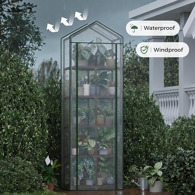 Bamworld 5-Tierd Outdoor Greenhouse 22" L×16" W×81" H Portable Green House with PE Cover Garden and Backyards Plant Shelves with Sturdy Eucalyptus Frame Roof Plant Stand Flower Pot Stand Display Rack