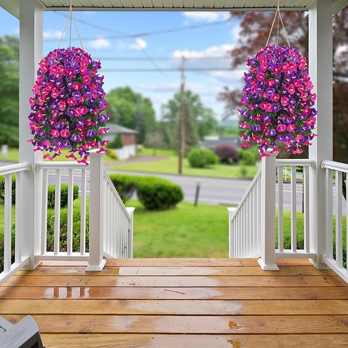 Artificial Fake Hanging Flowers Plants for Outdoor Outside Spring Summer Decoration 4PCS Faux Silk UV Resistant Realistic Morning Glory Trailing Vines for Home Porch Patio Balcony(Purple & Magenta)
