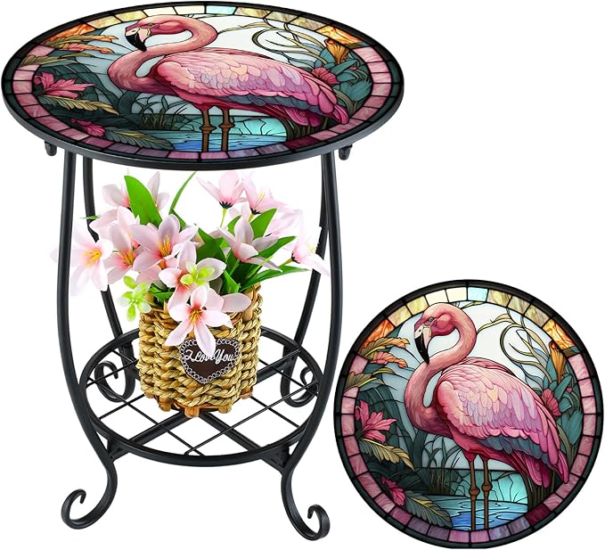 Outdoor Side Table Round Small Mosaic Patio Accent Indoor End Plant Coffee Tea Table for Yard Patio Porch Garden Living Room, Bedroom(Flamingo Style,12 Inch)