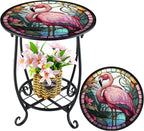 Outdoor Side Table Round Small Mosaic Patio Accent Indoor End Plant Coffee Tea Table for Yard Patio Porch Garden Living Room, Bedroom(Flamingo Style,12 Inch)
