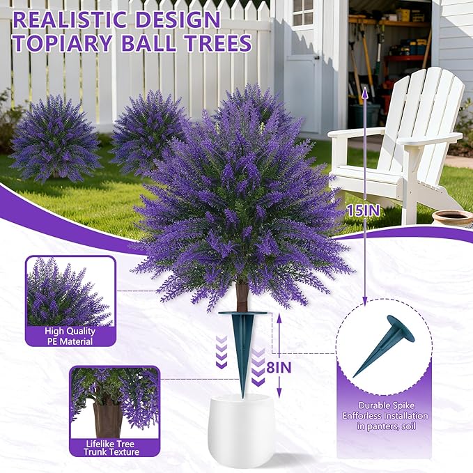 Grooy Artificial Lavender Topiary Ball, Set of 2 Artificial Boxwood Shrub Bushes with Ground Spike, Fake Evergreen Tree for Porch, Artificial Plants for Outdoor Planters Indoor UV Resistant
