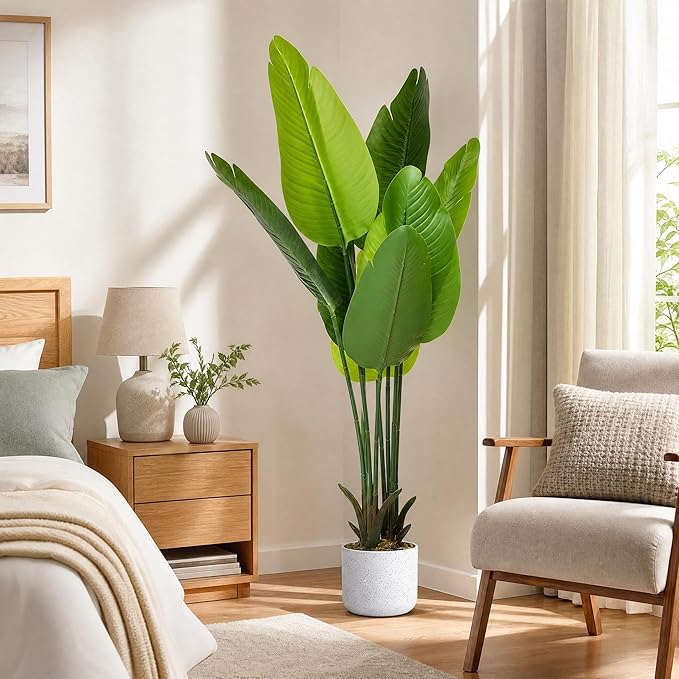 3.8 ft Artificial Banana Tree in Pot, Decorative Evergreen Faux Bird of Paradise Plant, Fake Tropical Traveler's Palm Tree, Indoor House Plants for Living Room Porch Entryway Office