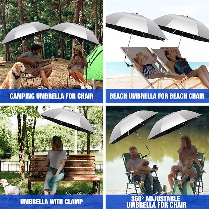 2 PACK Beach Umbrella with Clamp, 360 ° Adjustable Umbrellas for Chair, UPF50+ Umbrella for Beach Chair, Patio Chair, Wheelchair, Camping Chair, Golf Carts (Chair Not Included)