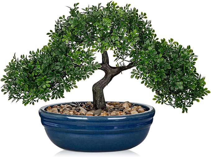 Artificial Bonsai Tree Faux Plants Indoor Fake Plants Decor with Blue Ceramic Pots for Home Table Office Desk Bathroom Shelf Bedroom Living Room Farmhouse Decor