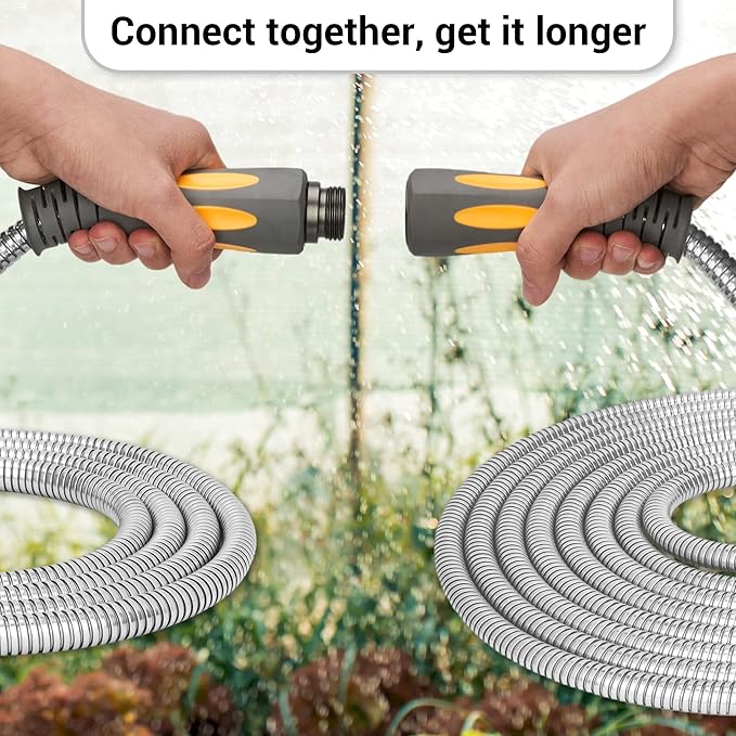 TheFitLife Flexible Metal Garden Hose - 75 FT Lightweight Stainless Steel Water Hose with Solid Fittings and Sprayer Nozzle - Leak Proof, Kink Free, Anti-rust, Large Diameter, Durable and Easy Storage