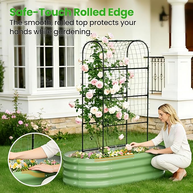 DoCred 2 in 1 Galvanized Raised Garden Bed, 2Pcs Garden Planter Box with 71" H Trellis for Climbing Plants, Outdoor Gardening Raised Beds with Climbing Net for Fruits, Vegetables, Flower (Green)