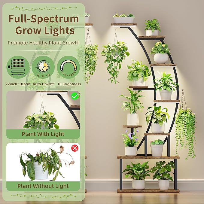 BACEKOLL Plant Stand Indoor with Grow Lights, 9 Tiered Metal Plant Shelf, 64" Tall Plant Stand for Indoor Plants Multiple, Large Plant Rack Display Shelf, Curved Plant Holder for Living Room, Patio