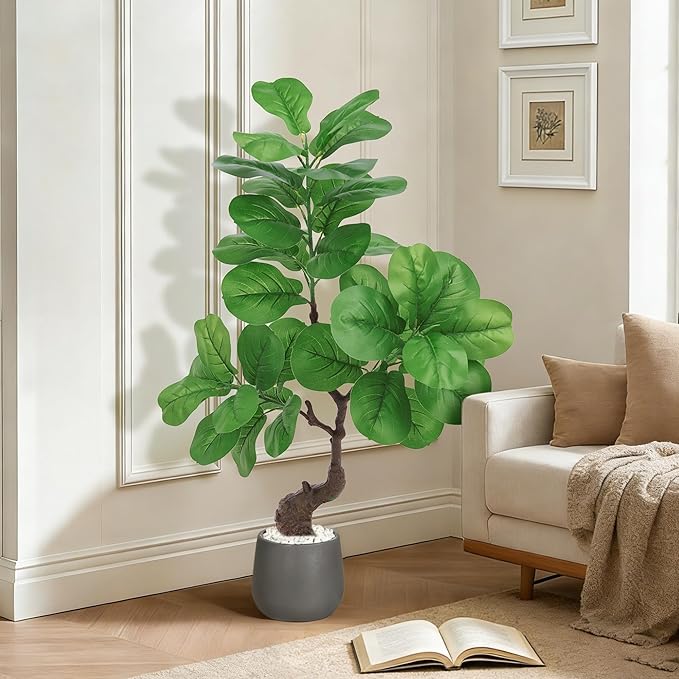 iilitphke Artificial Fiddle Leaf Fig Tree with Black Planter, 4FT Tall Fake Tree with Natural Wood Trunk for Home Decor, Faux Ficus Tree Fake Moss for Indoor Office Living Room