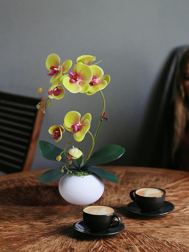 Forlaoers 17" Green Artificial Flowers Artificial Orchids That Look Real with Pot Fake Orchid in Vase for Table Centerpieces Indoor Home Decor Office Bathroom Decoration