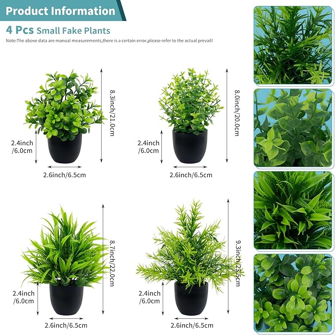 LOYWREE Faux Plants Indoor 4 Pack Small Fake Plants Mini Artificial Plants in Black Pots Potted Greenery for Home Office Table Desk Bathroom Shelf Counter Styling Farmhouse Decor