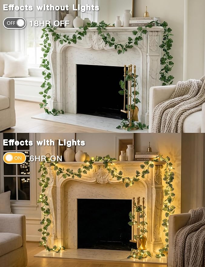 suddus Vines with Fairy Lights Battery & USB Powered Operated, 33ft 100 LED Monstera Leaves String Lights with Remote, Artificial Plants for Indoor, Bedroom, Wall, Party Tropical Decor(Warm White)