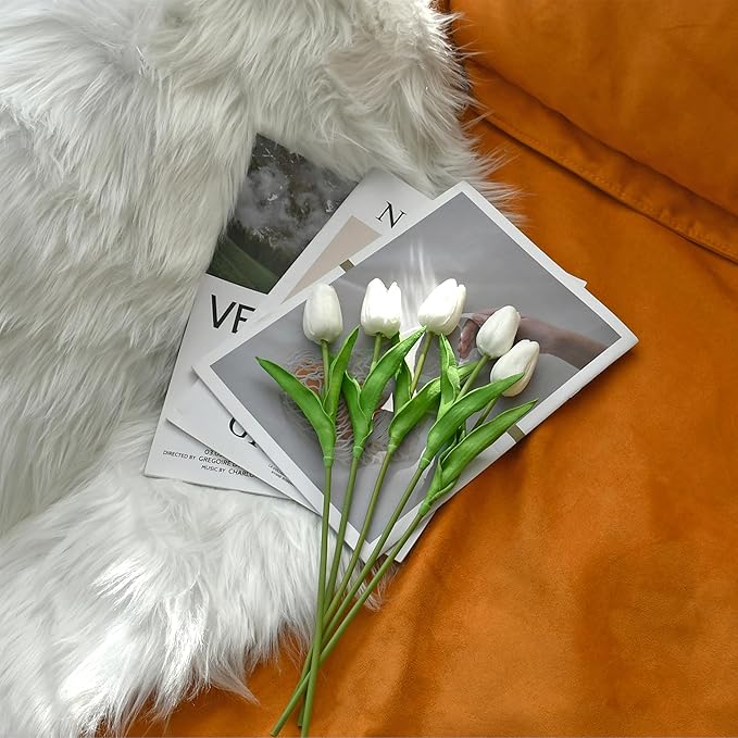 Mandy's White Artificial Tulips Flowers Centerpiece, 13.5" Lifelike PU Fake Floral Stems 60pcs for Kitchen Island & Dining Table, Spring Decor for Easter