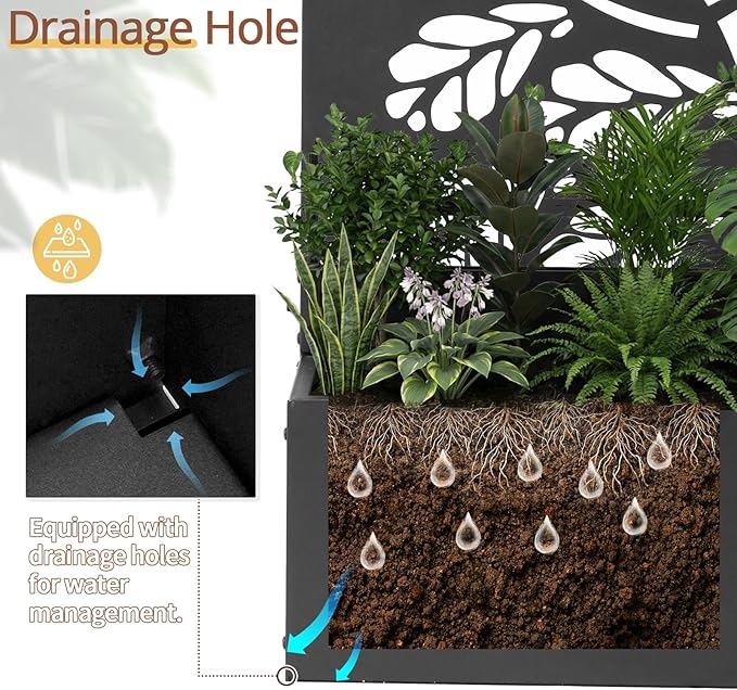 Outvita Metal Planter Box with Trellis, 43’’ x 24’’ x 9’’ Raised Garden Bed with Drainage Holes for Climbing Plants, Vegetables, Vines, Leaf Cut-Out Privacy Planters for Patio (Black)