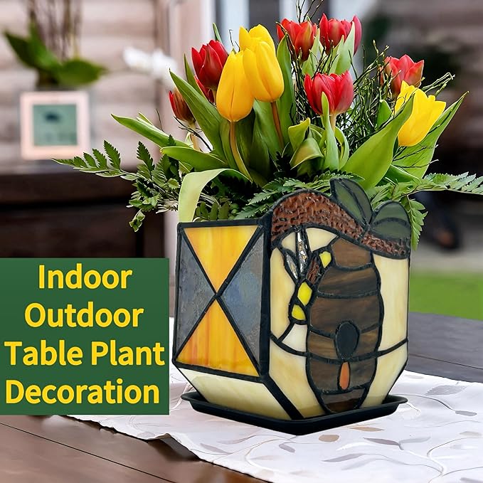 Stained Glass Bees Flower Pot, Fun Honeycomb Planter for Indoor Plants,Indoor Planters with Drainage and Tray,Cute Bee Plant Pots,Gifts for Plant Lovers