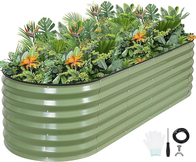G GOOD GAIN Raised Garden Beds - 6x2x1.4ft Galvanized Planter Boxes Kit with Protective Tape & Gloves & Tools | Oval Metal Outdoor Raised Bed for Gardening Vegetables, Fruits, Flowers, Herbs, Oliver