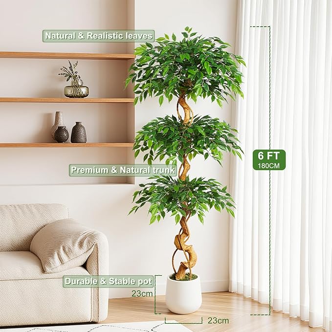 6ft Large Ficus Artificial Trees in White Pot, 72" Tall Fake Silk Tree with Natural Curved Trunk, Lush Faux Ficus Tree for Indoor Home Decor, Living Room, Office & Patio